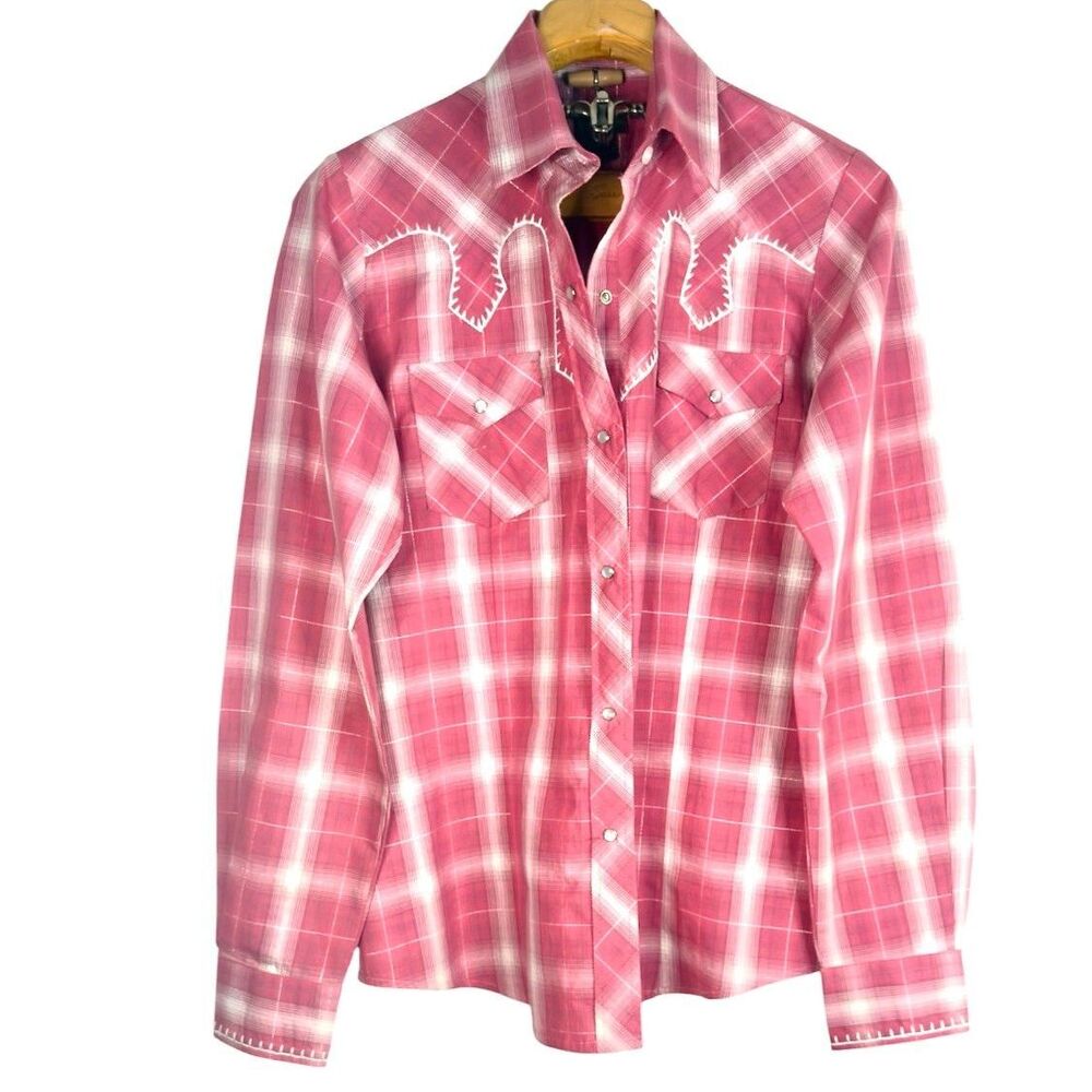 Life Style Embroider Classic Western Pink and White Button Down Shirt Size: L